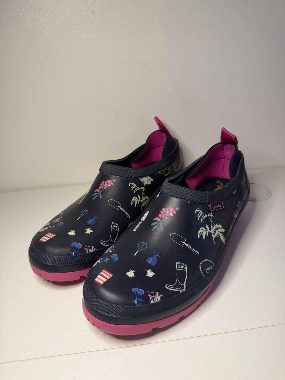 Joules Pop Slip On Women Clogs Size 10 Navy Garden Pink Rubber Rain Boot EUC!
